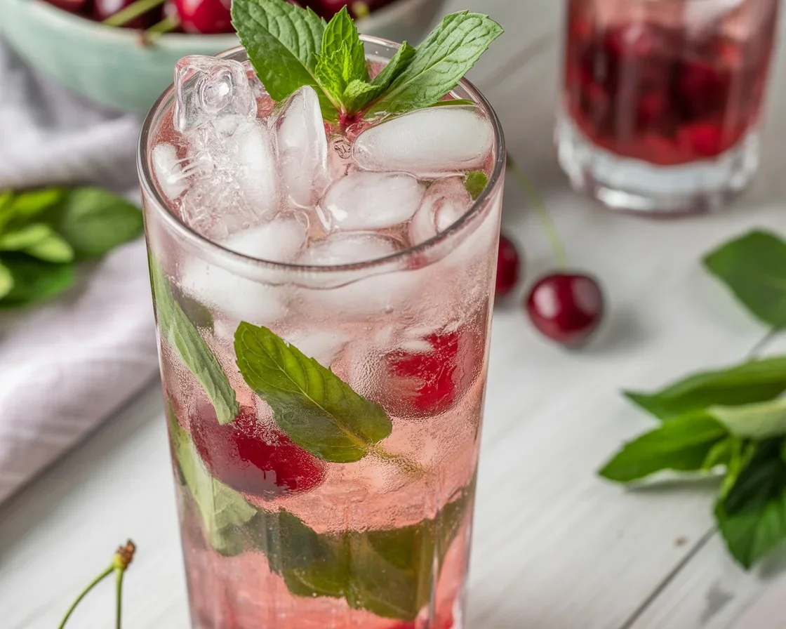 Refreshing Cherry Mojito Mocktail garnished with fresh cherries and mint leaves.