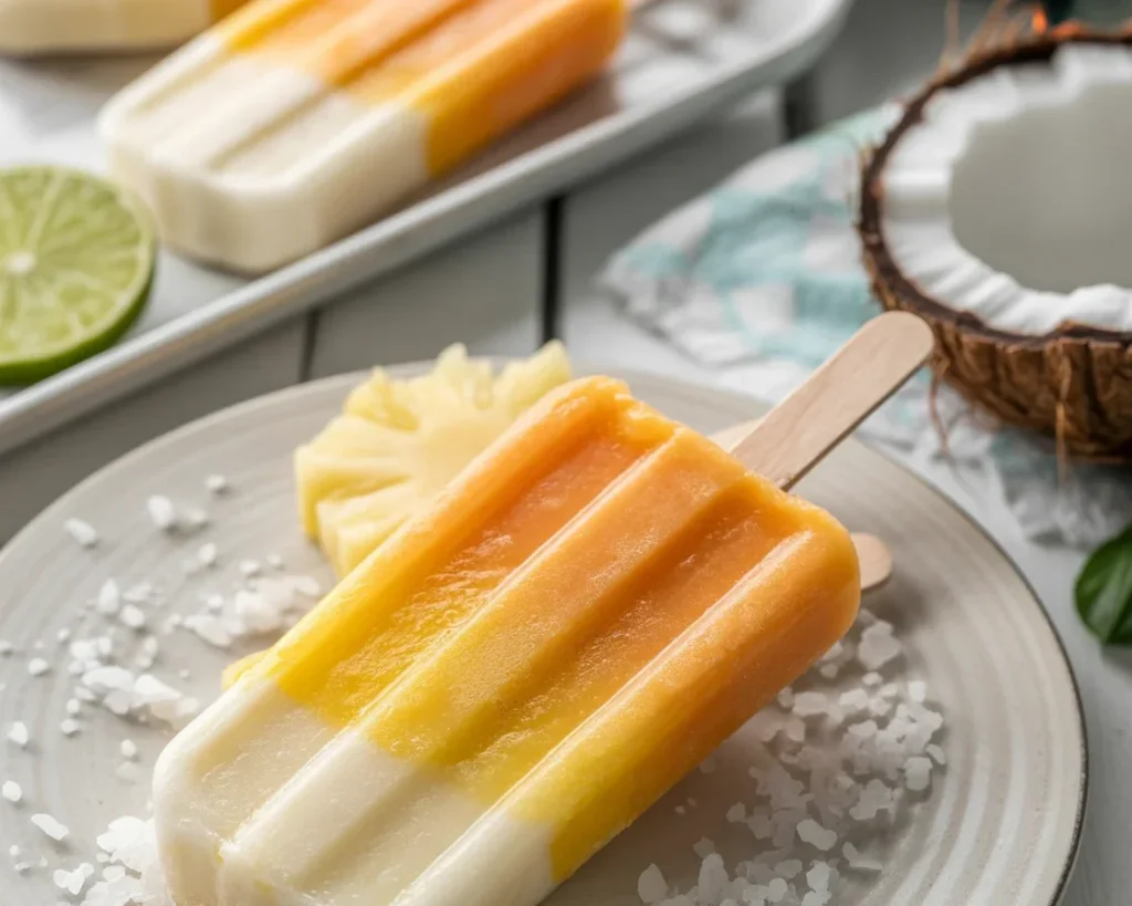 Delicious Coconut Mango Popsicles made with fresh mangoes and creamy coconut milk.