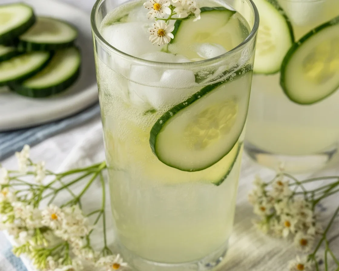 Refreshing Cucumber Elderflower Lemonade served in a glass with herbs.