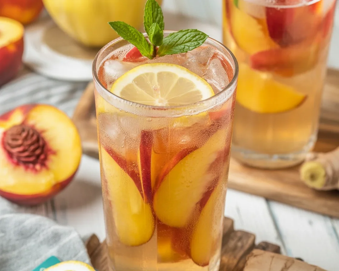 Refreshing Peach Ginger Lemonade with fresh peaches and ginger served in a glass.