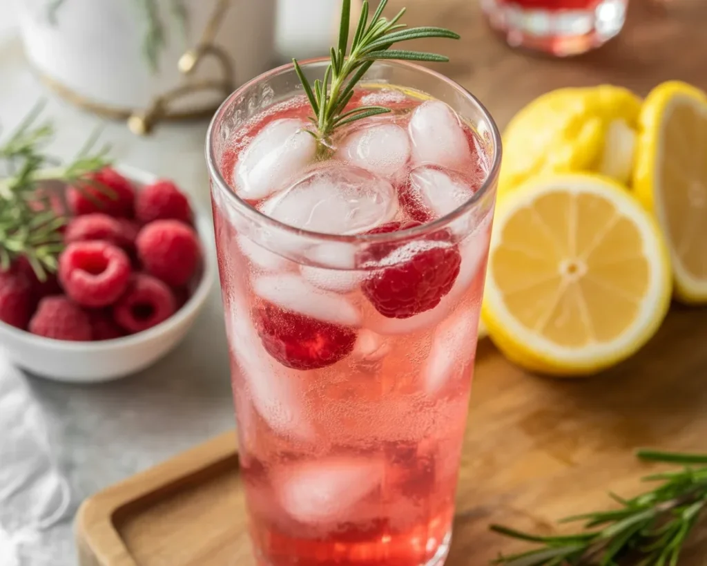 Refreshing Raspberry Rosemary Lemonade with fresh herbs and lemon slices.