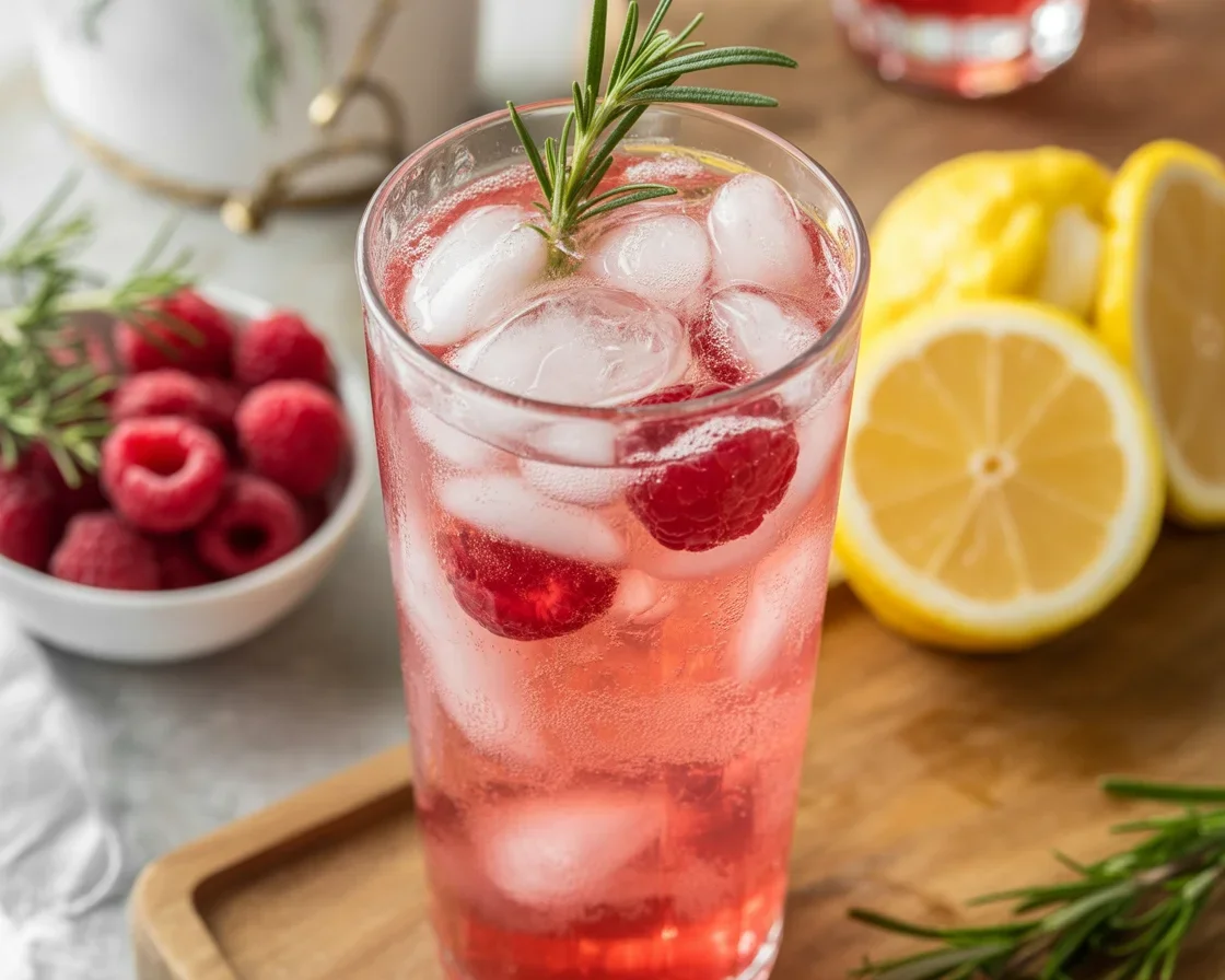 Refreshing Raspberry Rosemary Lemonade with fresh herbs and lemon slices.