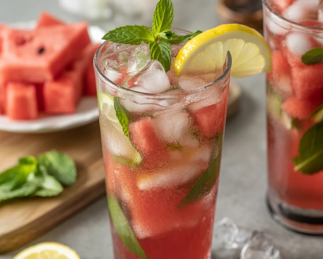 A refreshing glass of Watermelon Basil Lemonade topped with fresh basil leaves.
