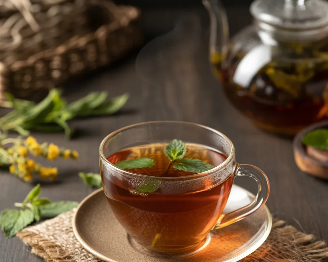 A cup of Nettle Leaf Energy Tea with fresh nettle leaves and steam rising.