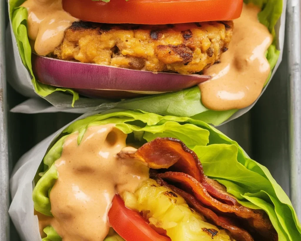Hawaiian Chicken Burgers topped with grilled pineapple salsa and chipotle mayo.