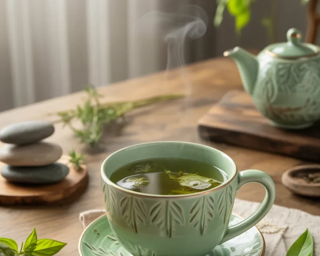 Cup of Holy Basil Stress Relief Tea with herbs and flowers for relaxation and wellness.