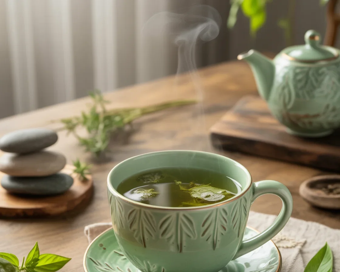Cup of Holy Basil Stress Relief Tea with herbs and flowers for relaxation and wellness.