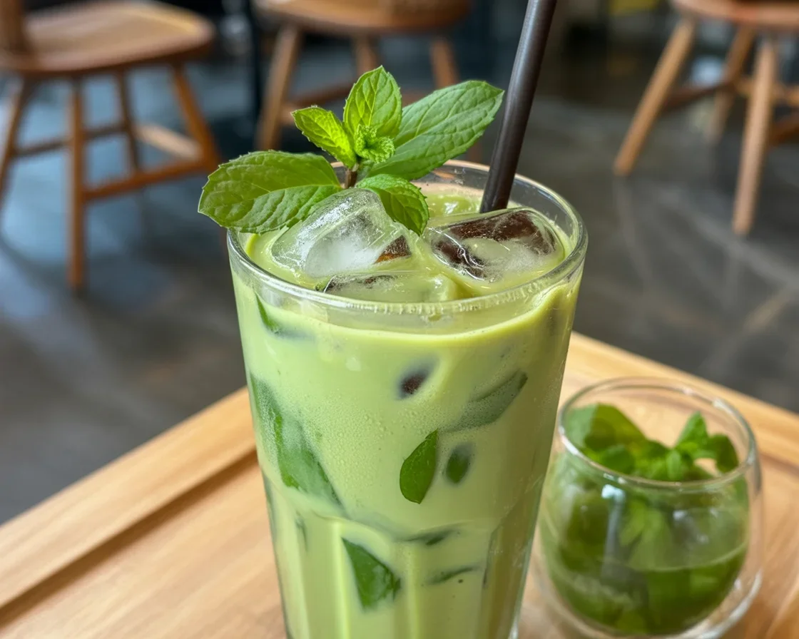 Refreshing Mint Mojito Iced Coffee served with mint leaves and ice cubes