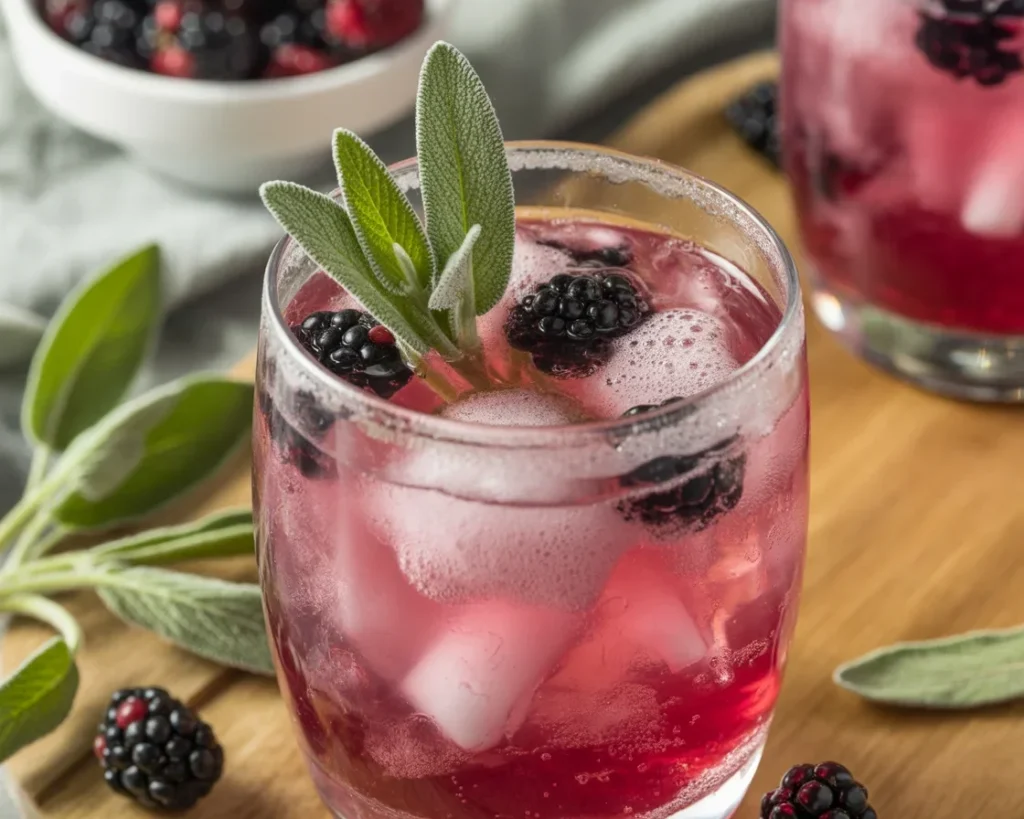 Glass of refreshing Blackberry Sage Lemonade with blackberries and sage leaves.