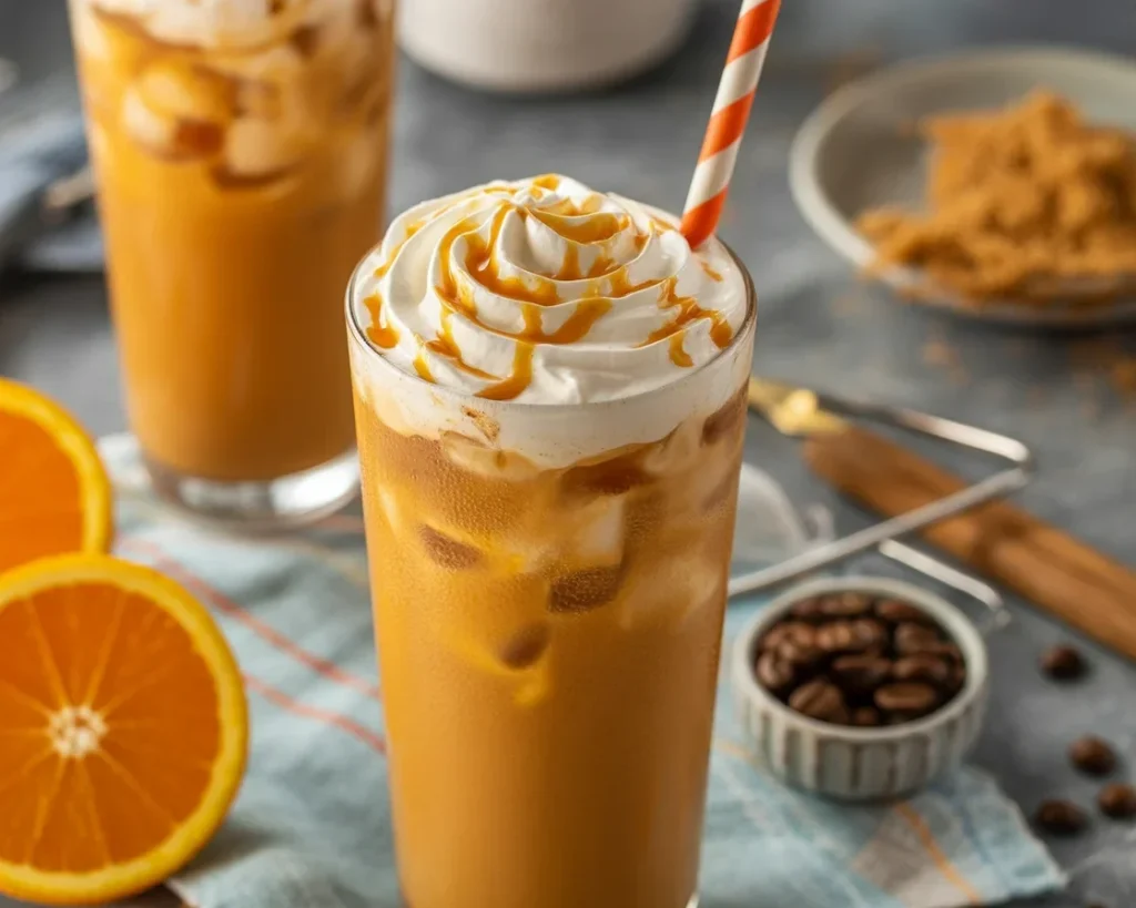 A refreshing Orange Creamsicle Iced Coffee topped with whipped cream and orange zest.