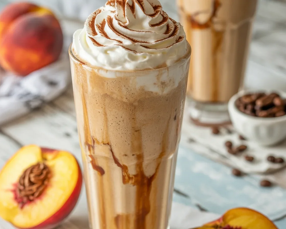 Peach Cobbler Coffee Milkshake topped with whipped cream and peach slices