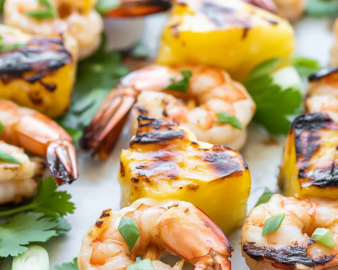 Grilled Pineapple & Shrimp Skewers with Coconut Glaze served on a plate.