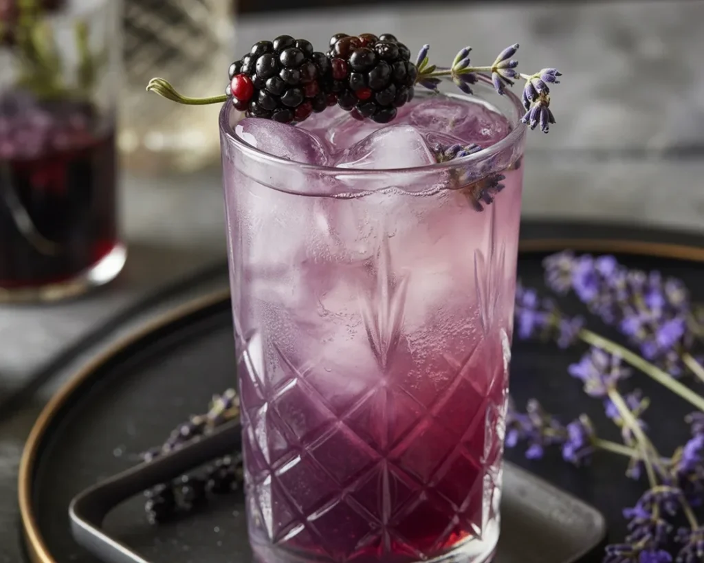 A refreshing glass of Lavender Blackberry Soda garnished with berries and lavender flowers.