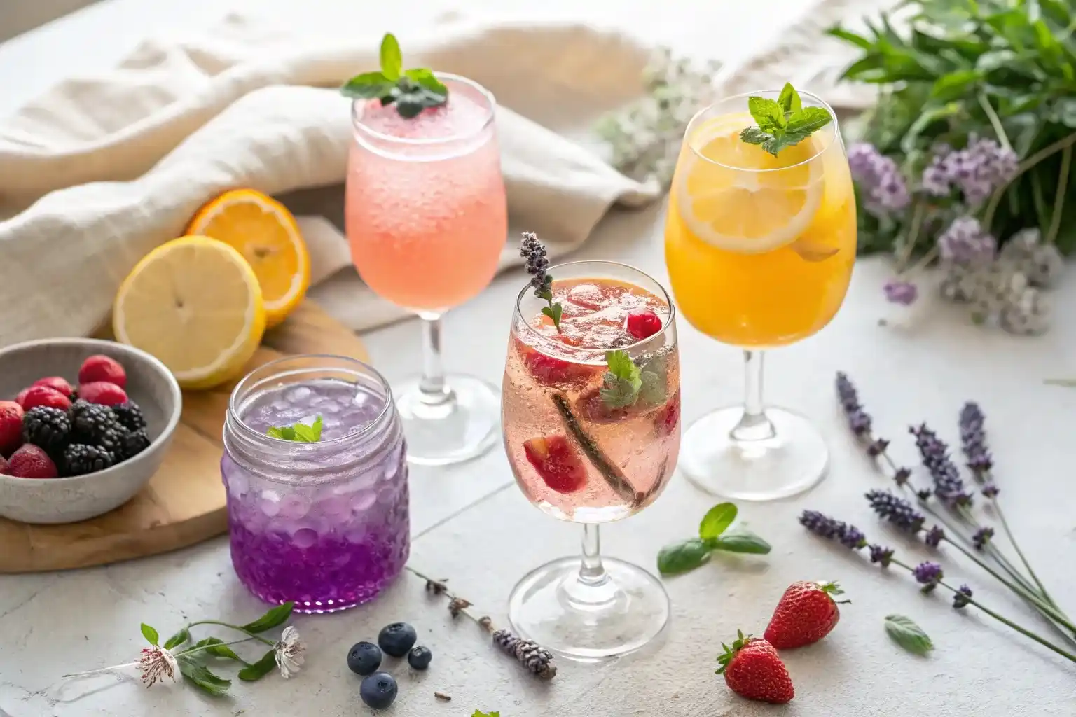 Colorful spring and summer mocktails with fresh fruit and herb garnishes – non-alcoholic drinks perfect for warm weather entertaining.