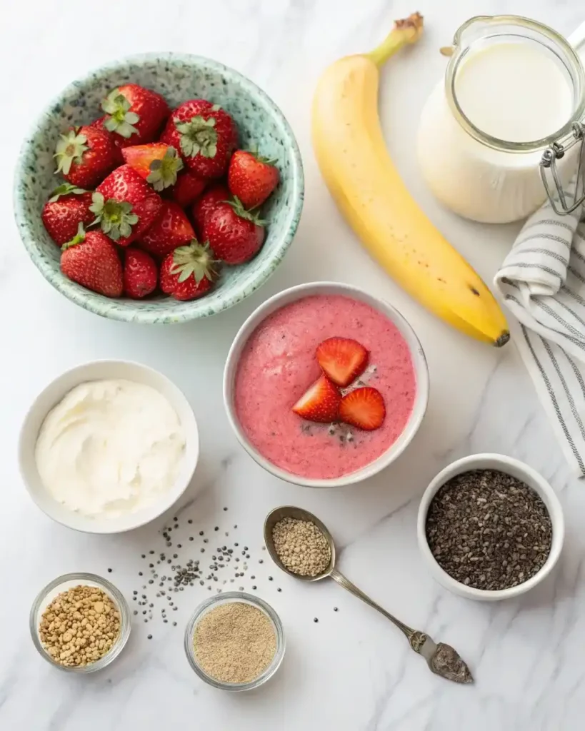 "Strawberry chia pudding ingredients including chia seeds, protein powder, and fresh strawberrie