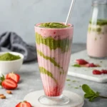 trawberry matcha smoothie with pink and green swirls in ribbed glass with straw"