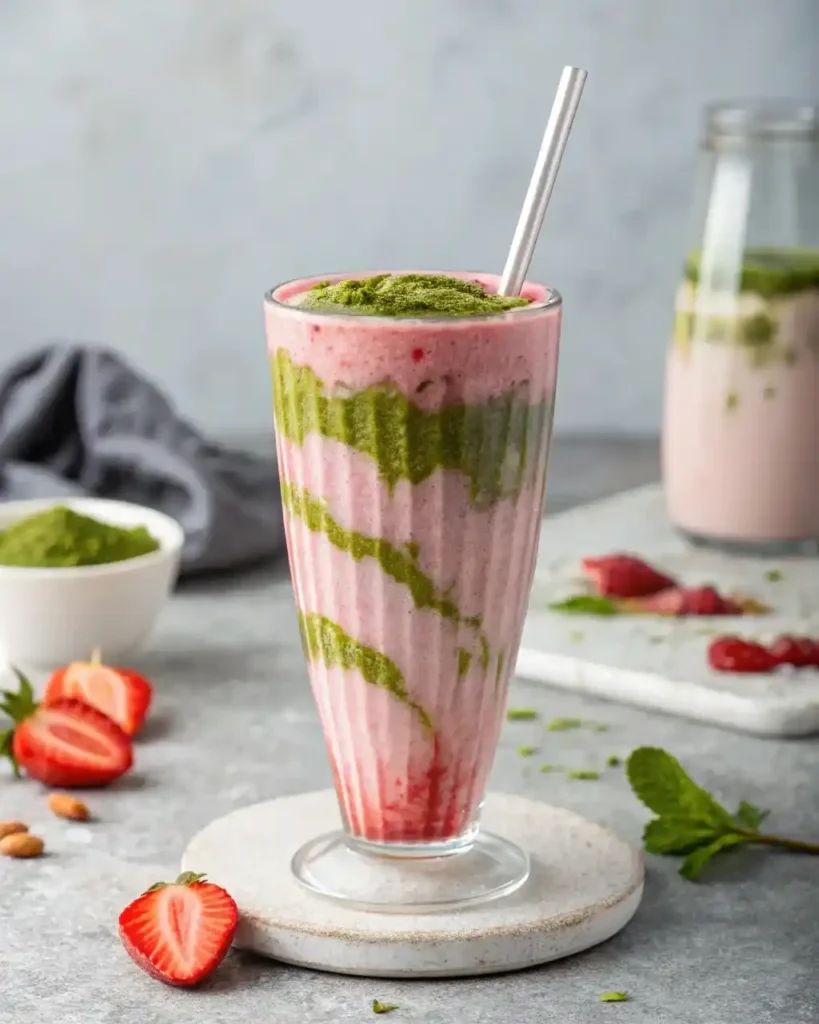 trawberry matcha smoothie with pink and green swirls in ribbed glass with straw"