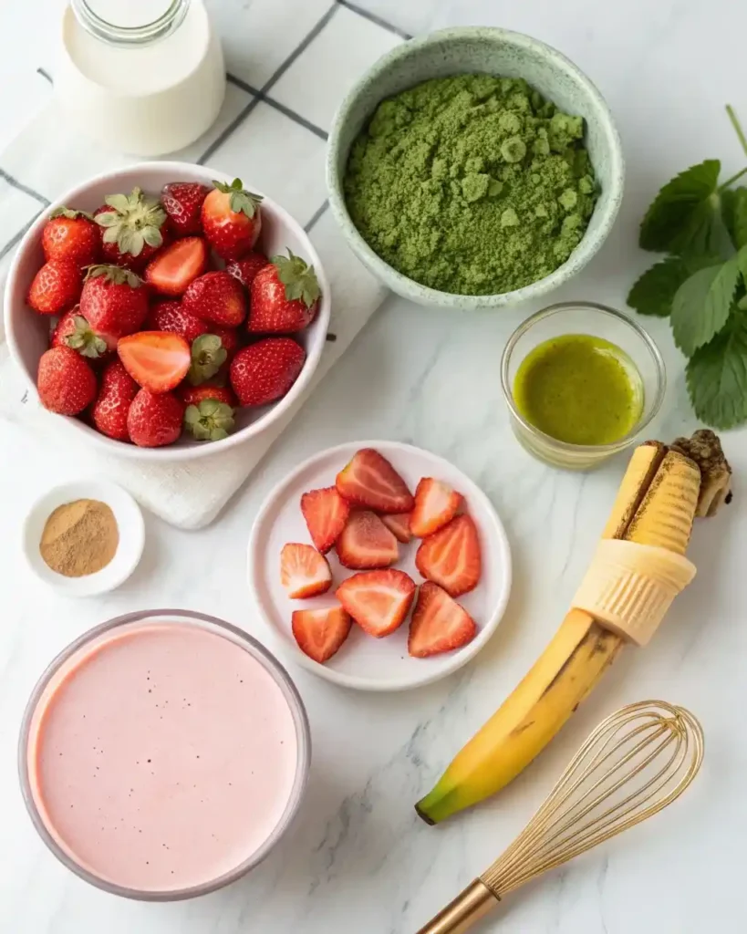 Strawberry matcha smoothie ingredients including matcha powder, strawberries, and banana"
