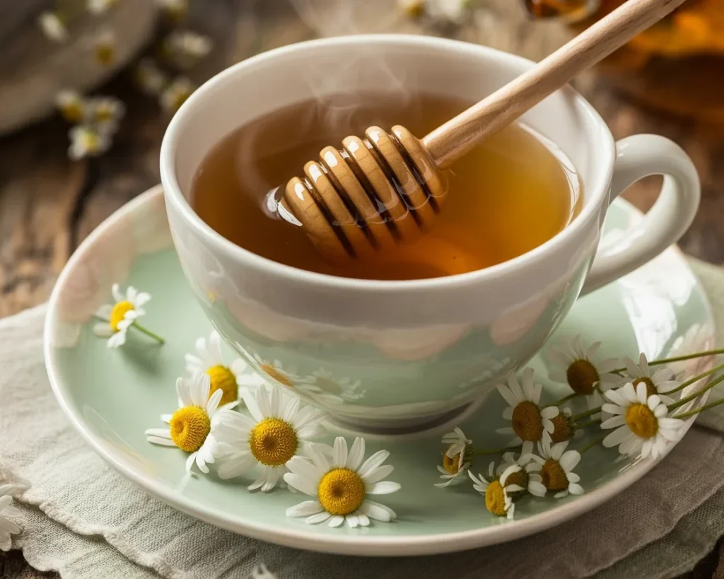 Chamomile Honey Sleep Tea with chamomile flowers, honey, and vanilla for better sleep.