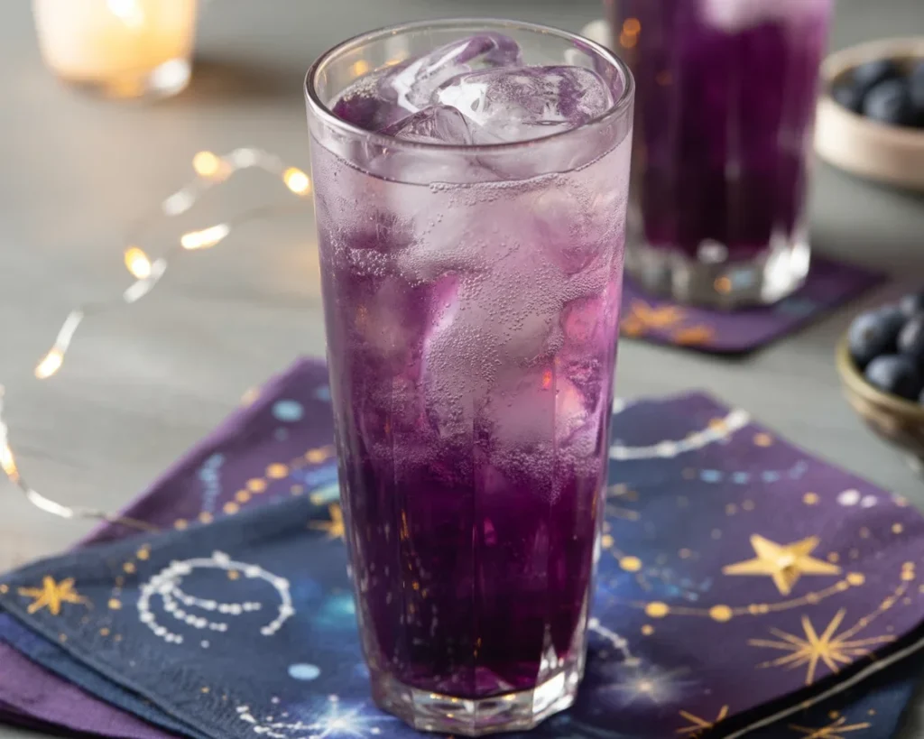 Purple Galaxy Cooler - a juicy and glittery cosmic drink with vibrant colors.