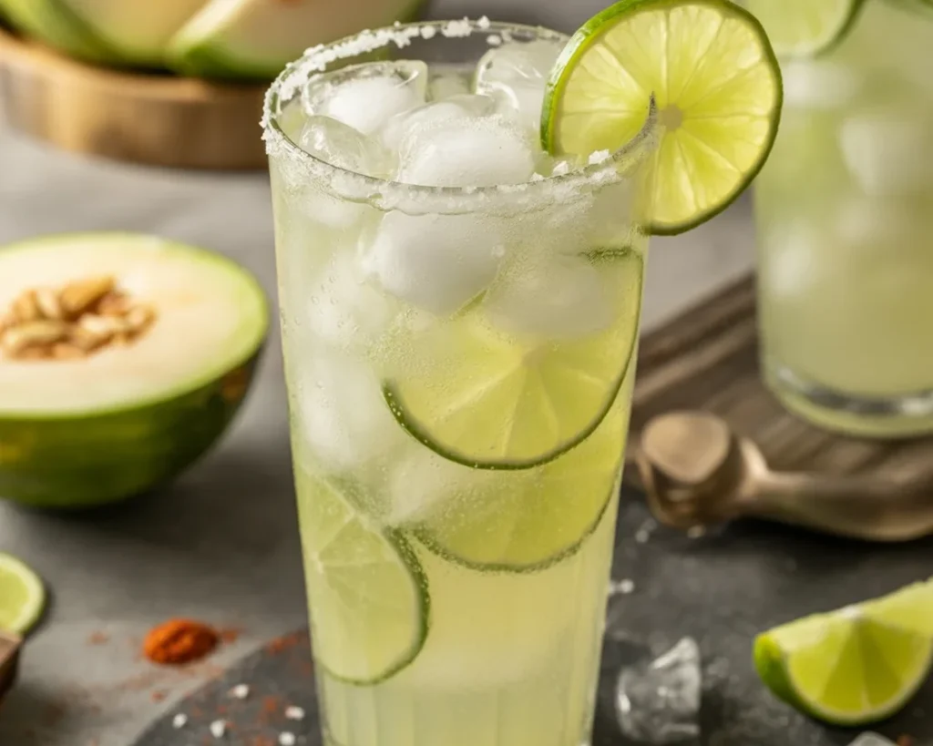 A refreshing glass of Honeydew Lime Lemonade with slices of lime and chunks of honeydew melon.