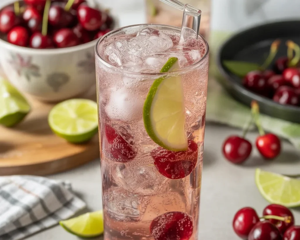 Sparkling Cherry Lime Mocktail with tart cherry juice, lime juice, and sparkling water
