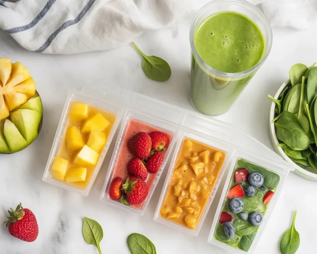 A variety of colorful smoothie prep packs ready to be blended for quick breakfasts.