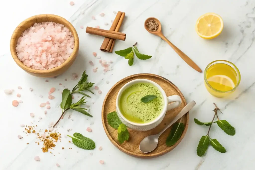 Five natural weight loss recipe ingredients including pink salt, green tea, turmeric drink, ice water and lemon balm arranged on marble background