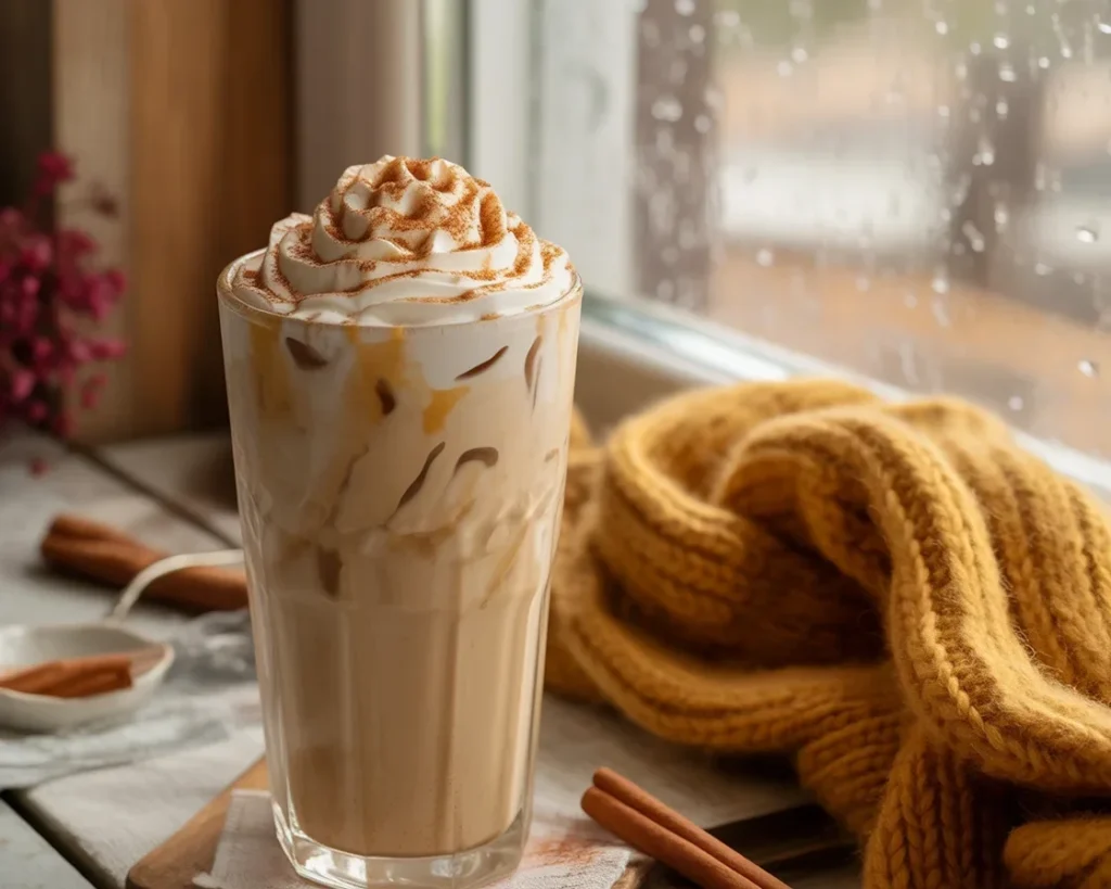 Iced Pumpkin Cream Chai Latte topped with pumpkin foam and spices