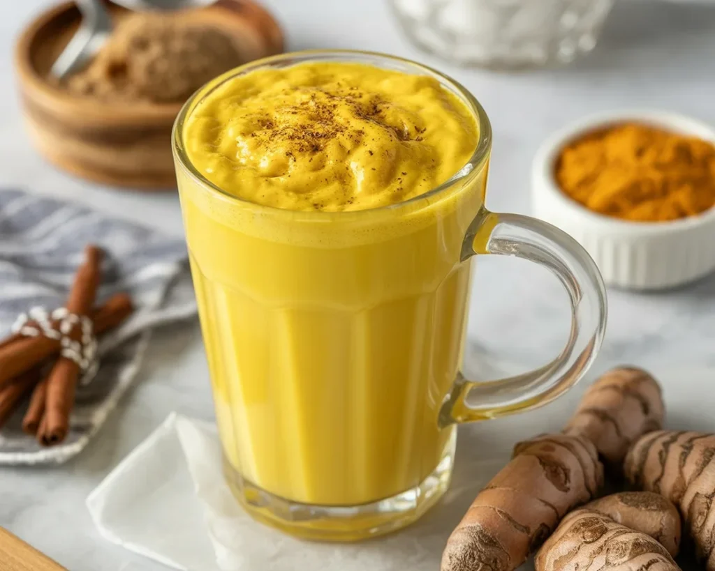 Turmeric hack recipe for weight loss with ginger and lemon in a glass