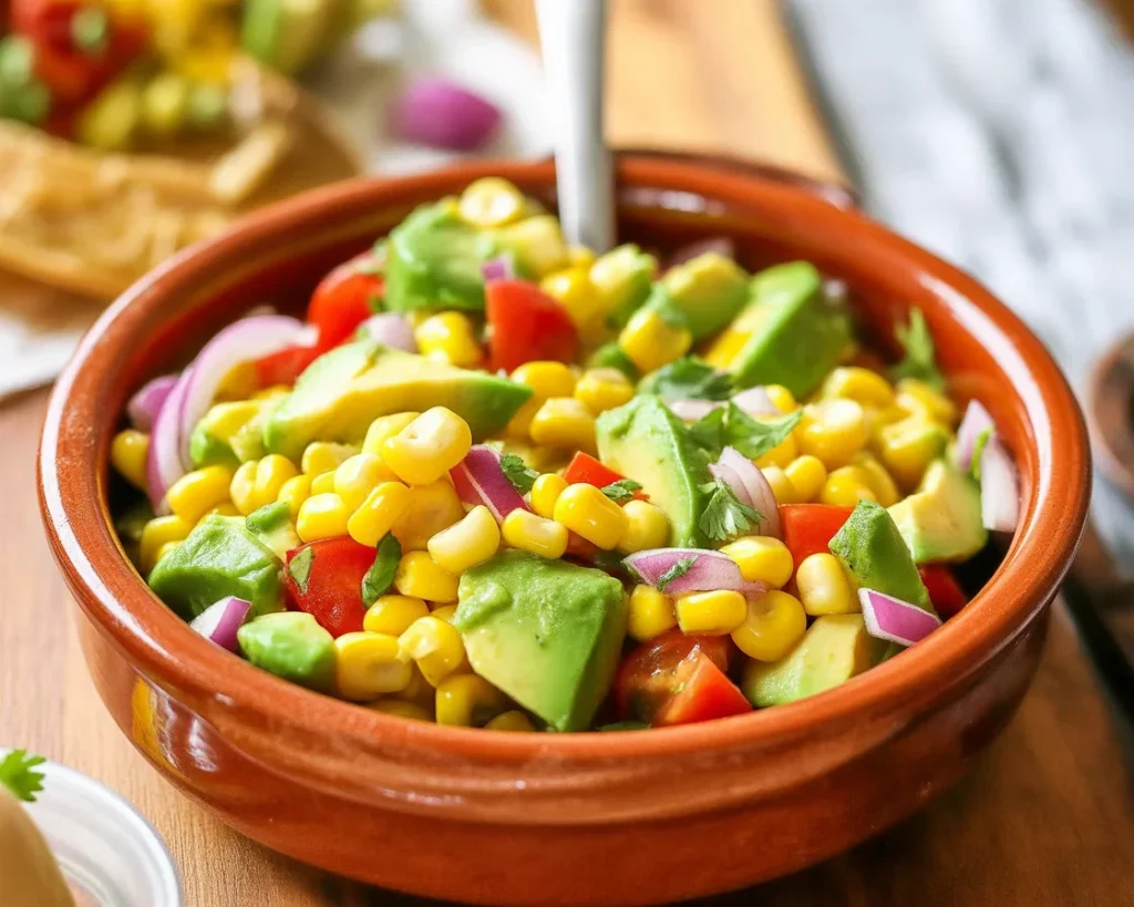 Colorful Corn and Avocado Salsa with Lime, featuring fresh ingredients and vibrant colors.