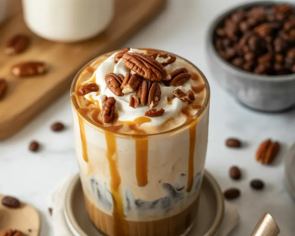 Butterscotch Pecan Iced Macchiato with creamy layers and espresso served over ice.