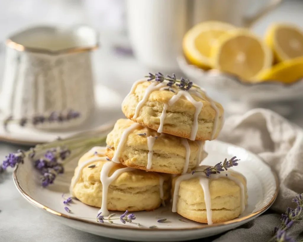 Plate of freshly baked Lemon Lavender Scones with lemon zest and lavender flowers.