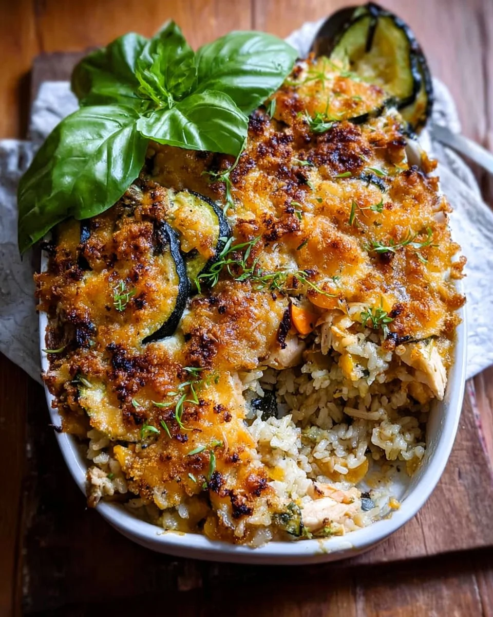 Cheesy Zucchini Chicken and Rice Bake served in a baking dish