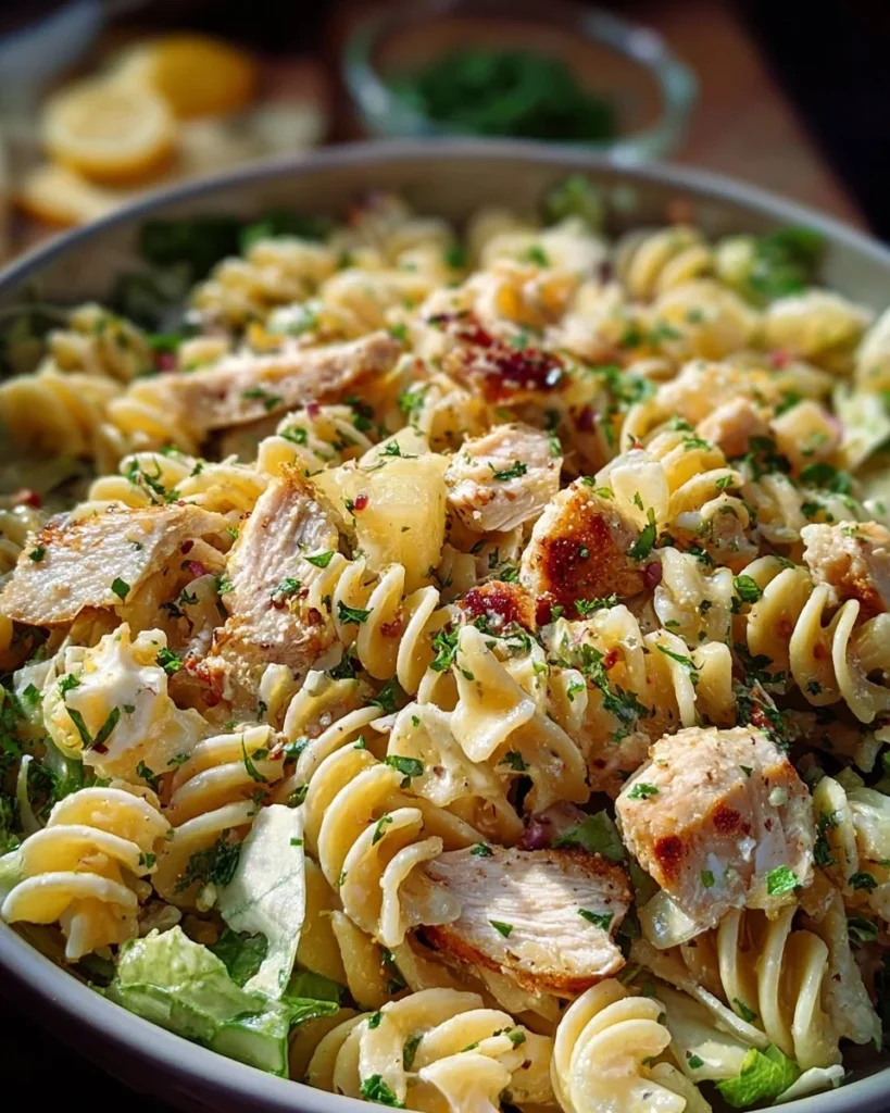 Delicious Chicken Caesar Pasta Salad with grilled chicken, lettuce, and Caesar dressing