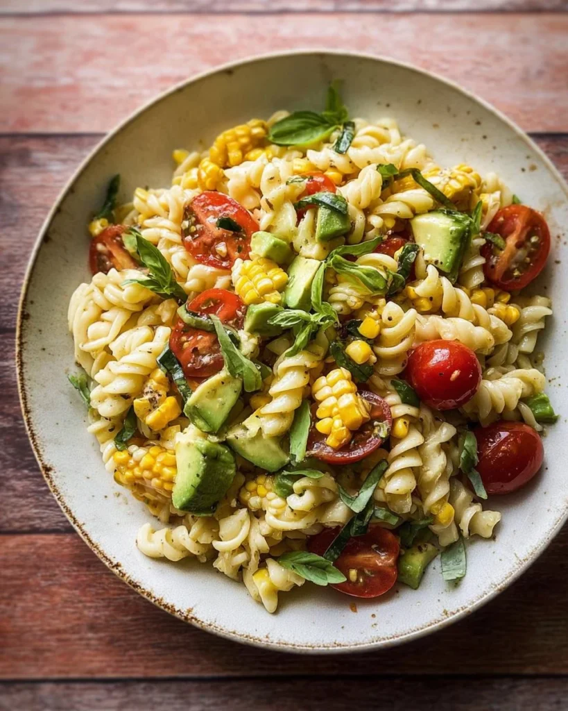 Corn, Tomato, and Avocado Pasta Salad topped with fresh herbs