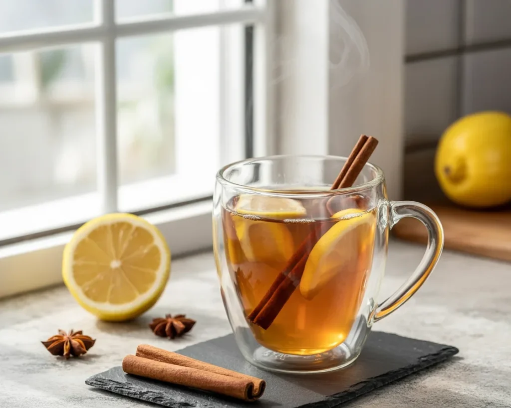 Refreshing Apple Cider Vinegar Drink with lemon and strawberries, promoting health benefits.