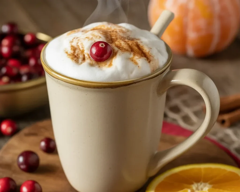 Cranberry Orange Spiced Latte with holiday spices and cranberries in a cozy setting.