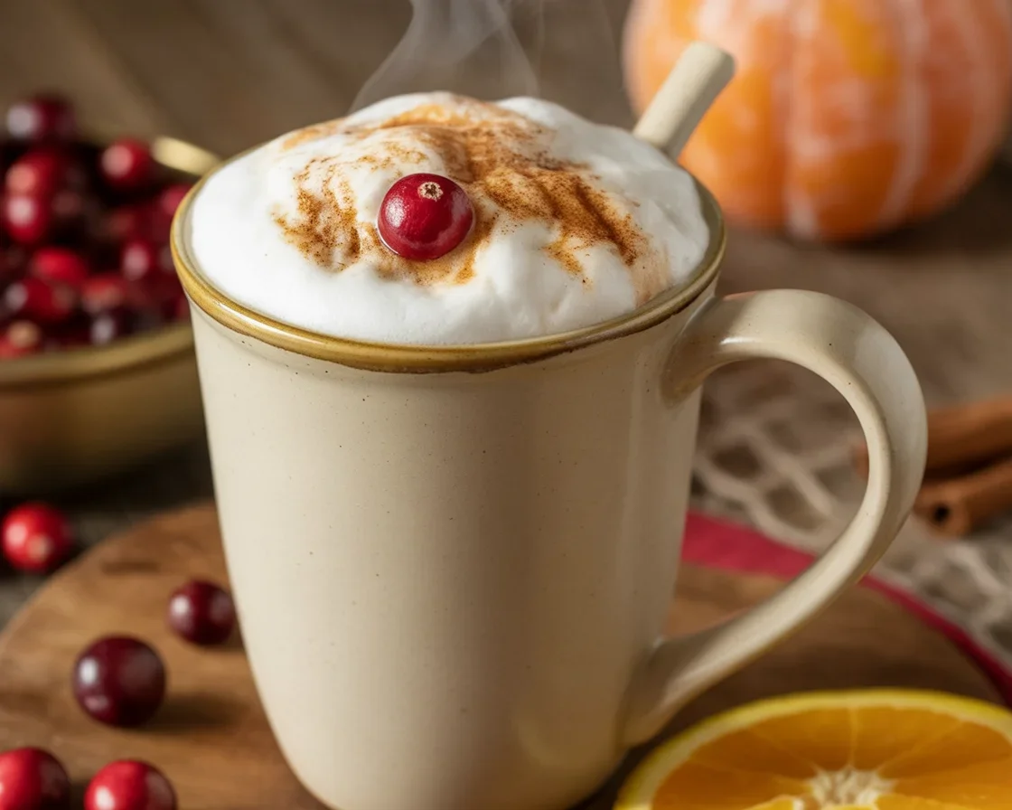 Cranberry Orange Spiced Latte with holiday spices and cranberries in a cozy setting.