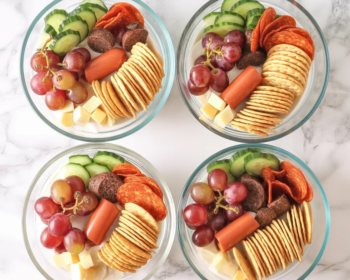 Variety of DIY Lunchables with cheese and crackers arranged in a lunchbox.