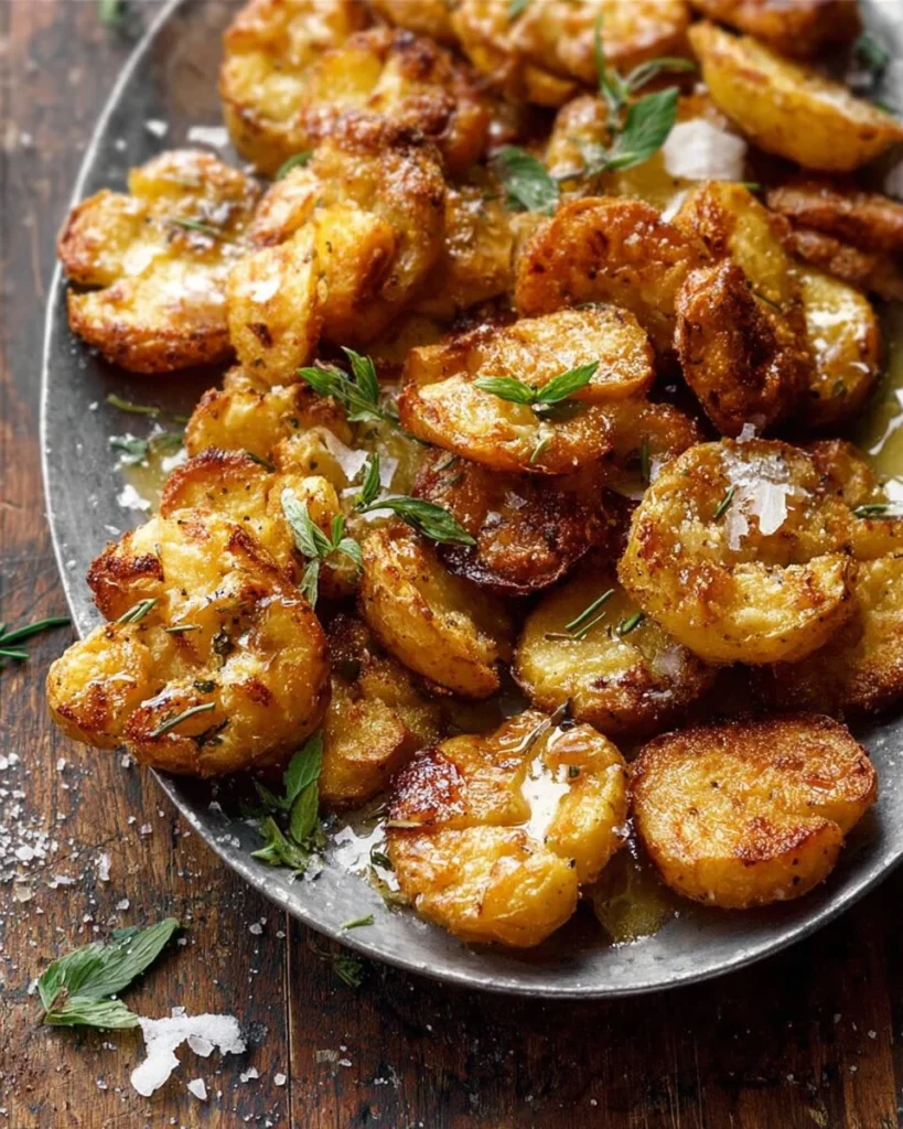 Crispy salt and vinegar smashed potatoes served on a plate