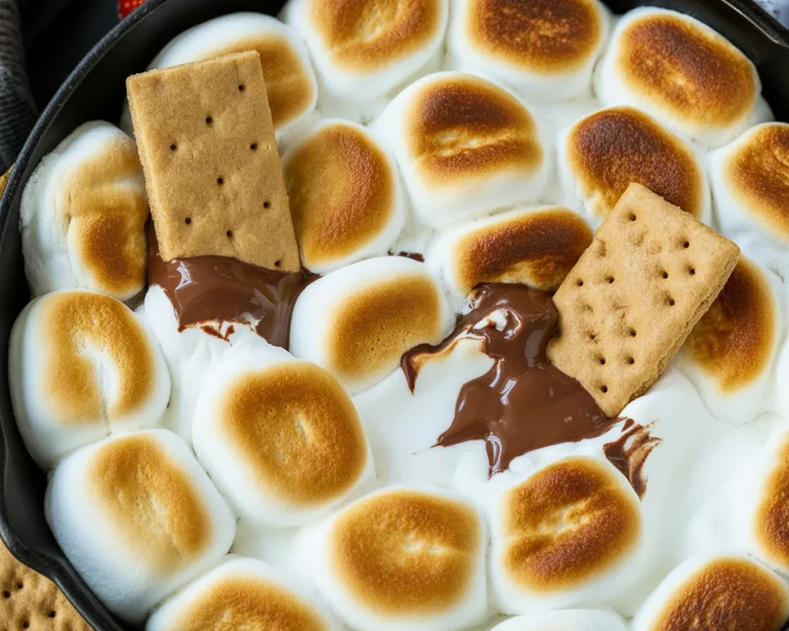 Delicious S'mores Dip made in the oven with melted chocolate and toasted marshmallows.
