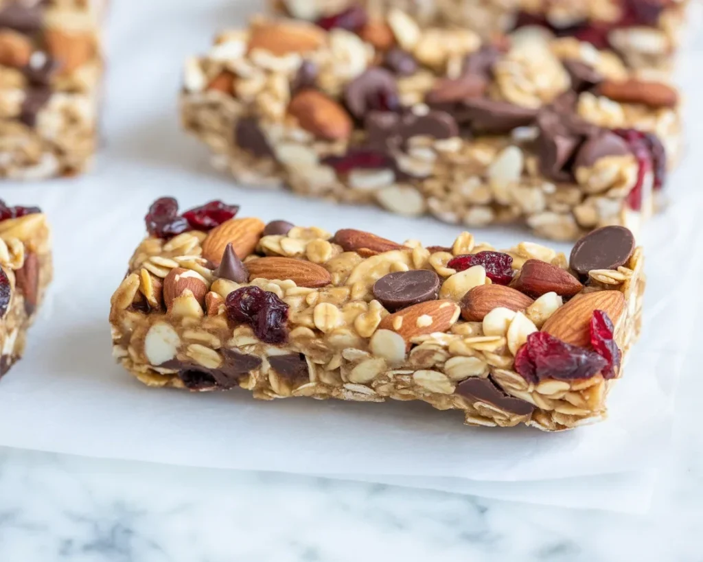 Homemade granola bars with oats, peanut butter, and chocolate chips