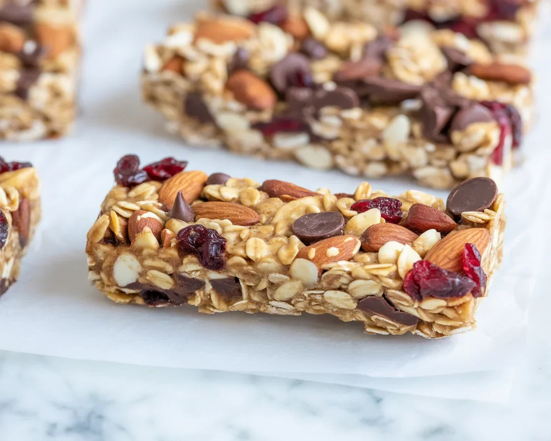 Homemade granola bars with oats, peanut butter, and chocolate chips