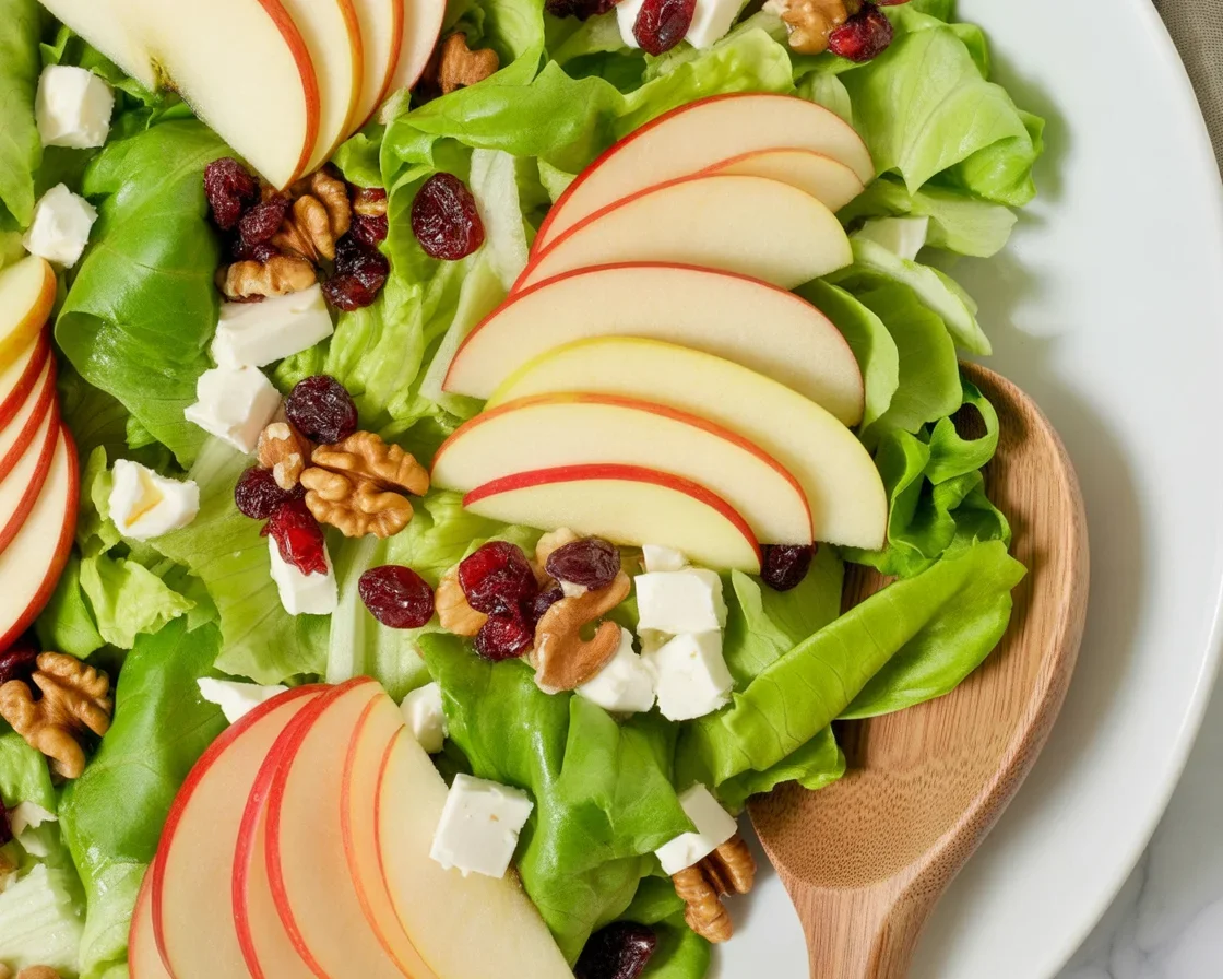 Apple and Walnut Salad with Maple Vinaigrette served in a bowl with greens.