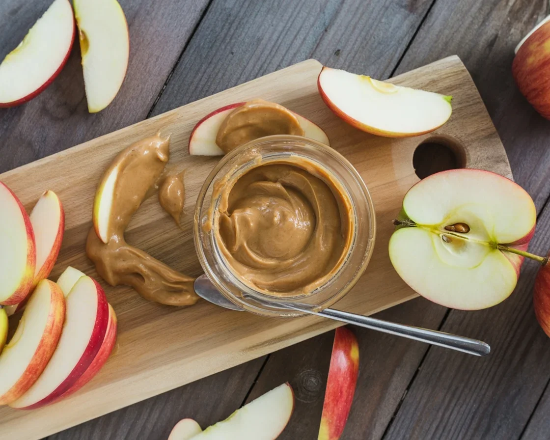 Apple slices served with creamy nut butter dip for a healthy snack