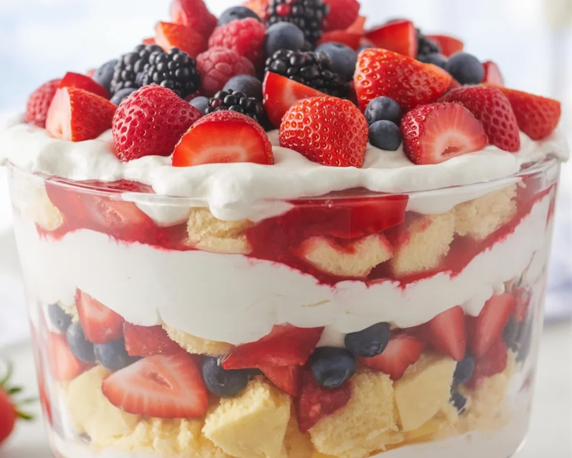 A delicious Berry Trifle with Whipped Cream layered with fresh berries and cake.