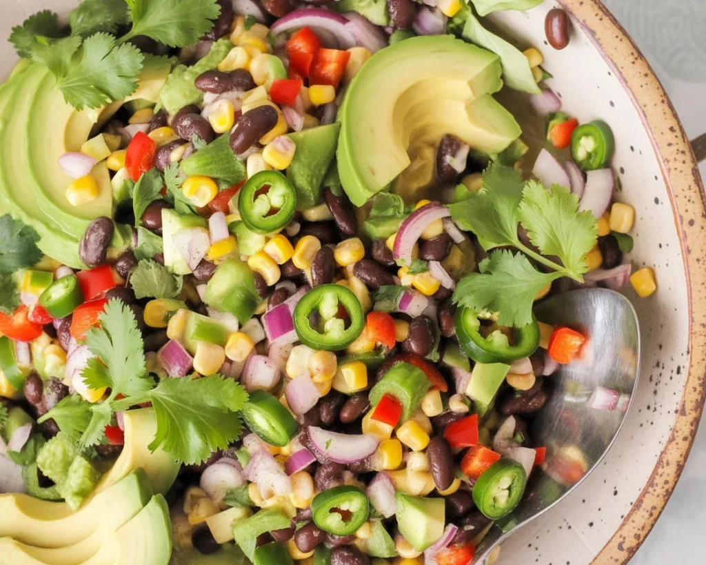 Delicious Black Bean and Corn Salsa served with crunchy Whole Grain Chips