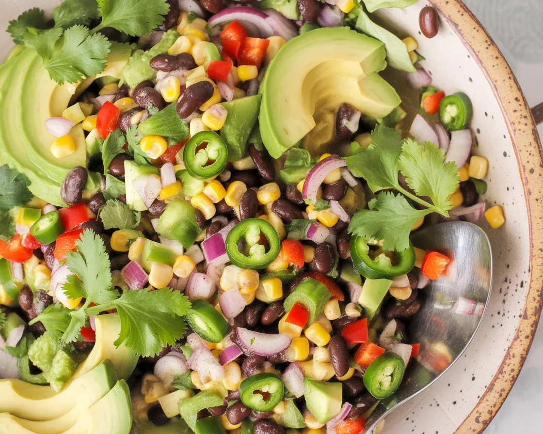 Delicious Black Bean and Corn Salsa served with crunchy Whole Grain Chips