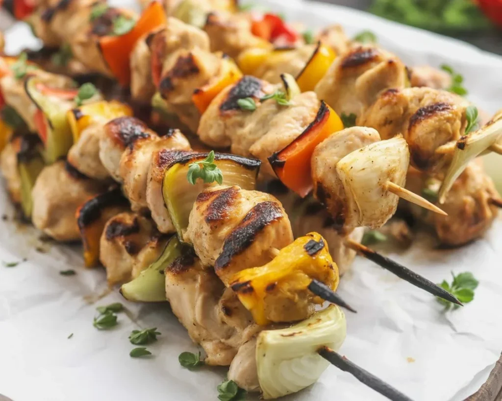 Grilled Chicken and Peach Skewers with colorful bell peppers.